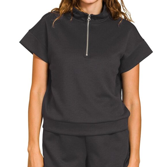 Zenana Scuba High Neck Half Zip Top and Dolphin Shorts Set - Picture 1 of 2